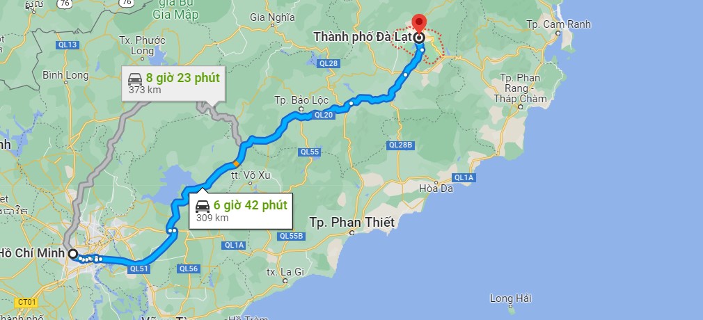 khoảng cách từ tphcm tới tp đà lạt là 310 km